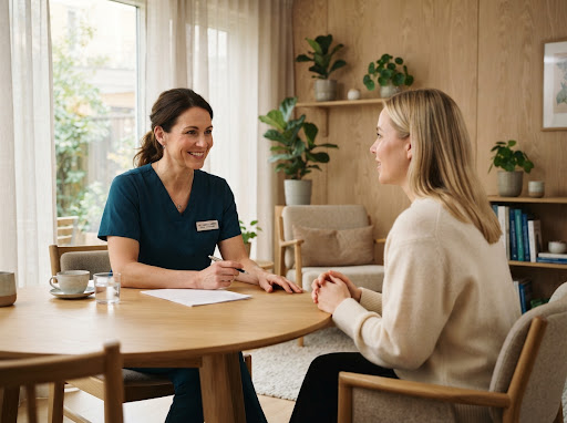 Consultation médicale bienveillante et confidentielle entre une praticienne et une patiente francophone